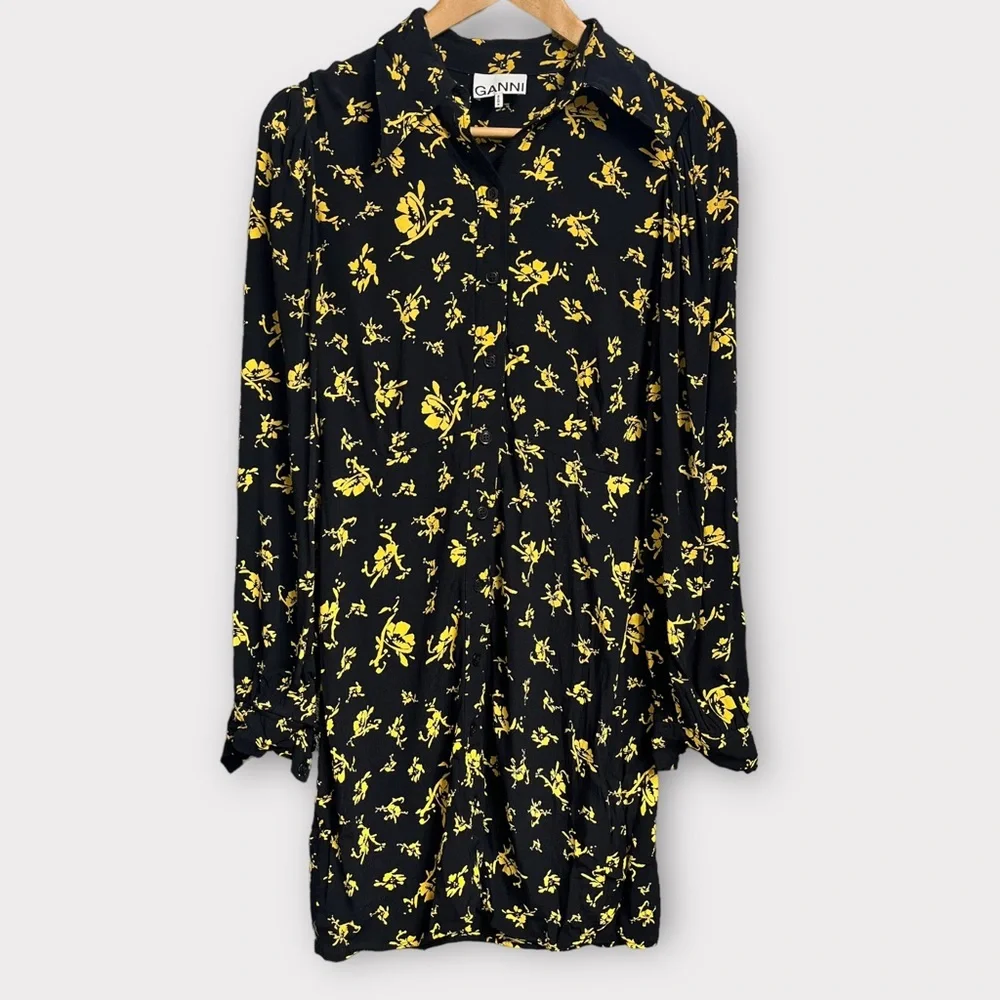 Ganni Floral Print Crepe Long Sleeve Dress - Picture 3 of 10